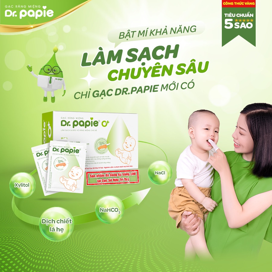 Gạc răng miệng Dr Papie, Việt Nam (30 gói) giúp sạch lưỡi nướu răng cho bé