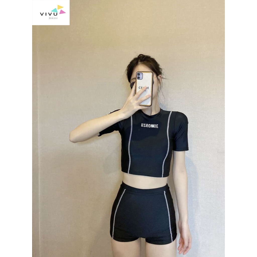 Bikini, Bộ Đồ bơi nữ áo tắm hai mảnh cộc tay viền croptop quần đùi cạp cao kín đáo che bụng cá tính hàn quốc đi biển