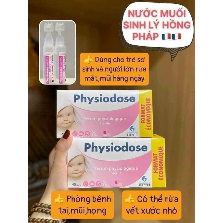 Nước muối sinh lý Physiodose/Fysoline hồng, xanh lá hữu cơ Pháp 40 ống