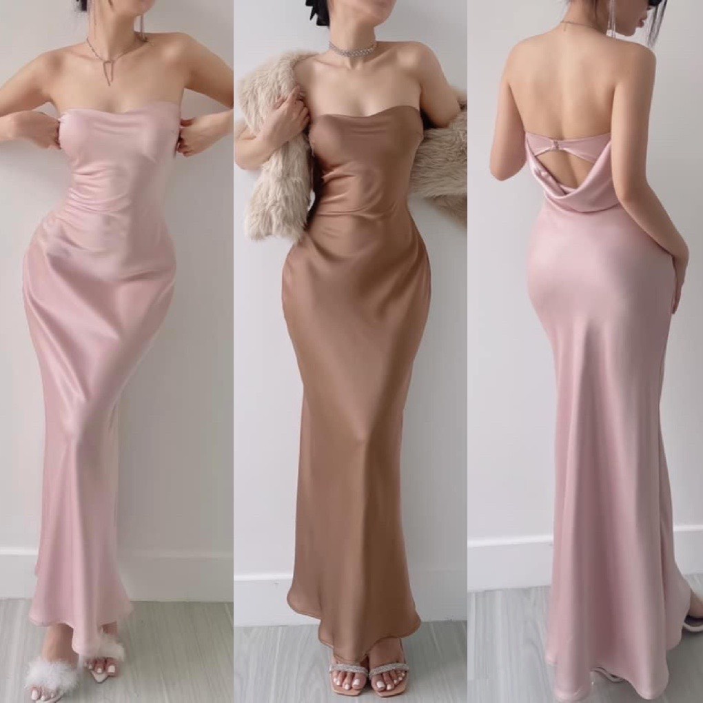 Đầm Lụa Cúp Ngực Hở Lưng Dự Tiệc Thiết Kế Cao Cấp -Váy Lụa Cúp Có Mút Ngực Hở Lưng Dáng Dài Đuôi Cá