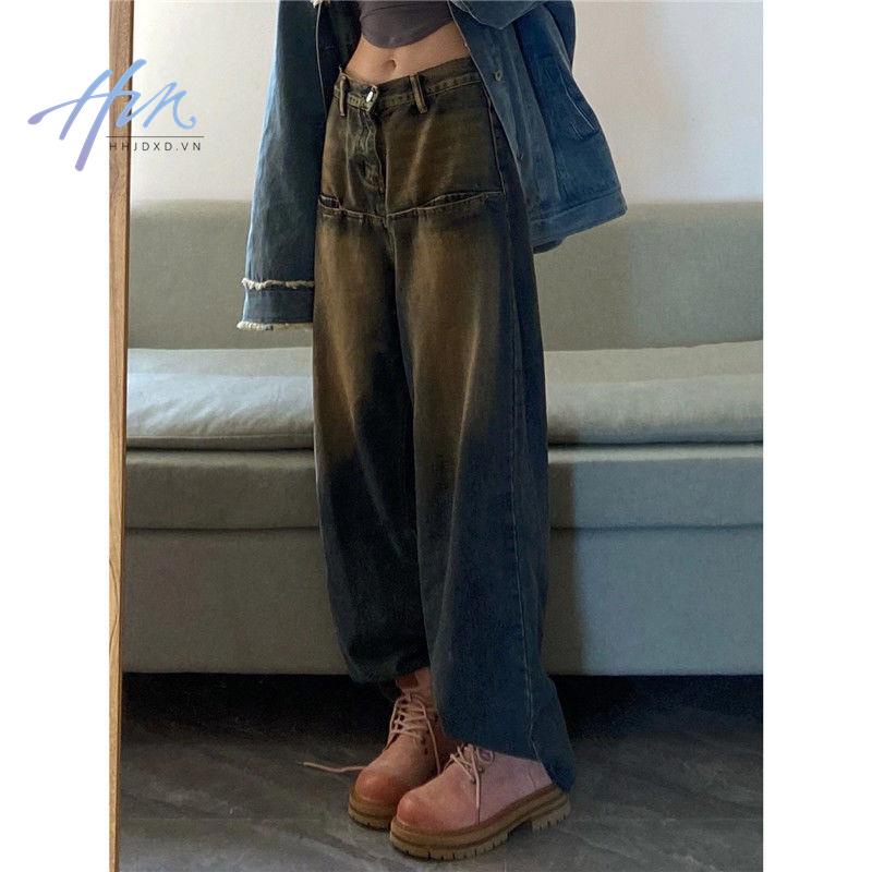 Quần Jean Nữ Ống Rộng Lưng Cao Phong Cách Retro Mỹ Thời Trang Mùa Thu Mới