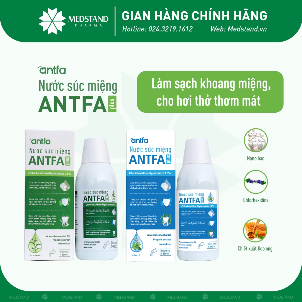 Nước súc miệng làm sạch mảng bám, khoang miệng, ngừa hôi miệng, hơi thở thơm mát Antfa Plus MEDSTAND (Chai 250ml)