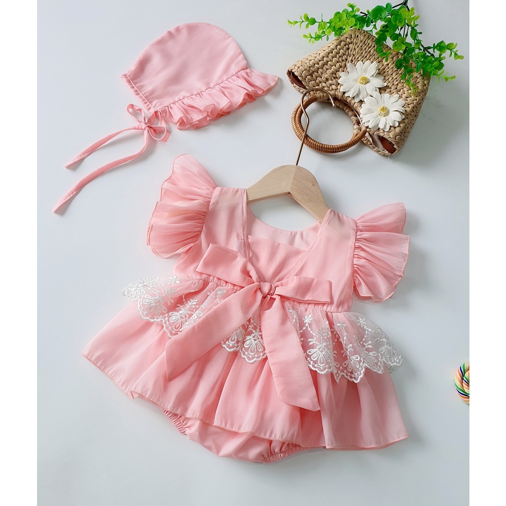Body váy hồng tơ bún  phối ren kèm mũ cho bé gái sơ sinh - 12 tháng, vaý đầy tháng thôi nôi, body đầy tháng thôi nôi