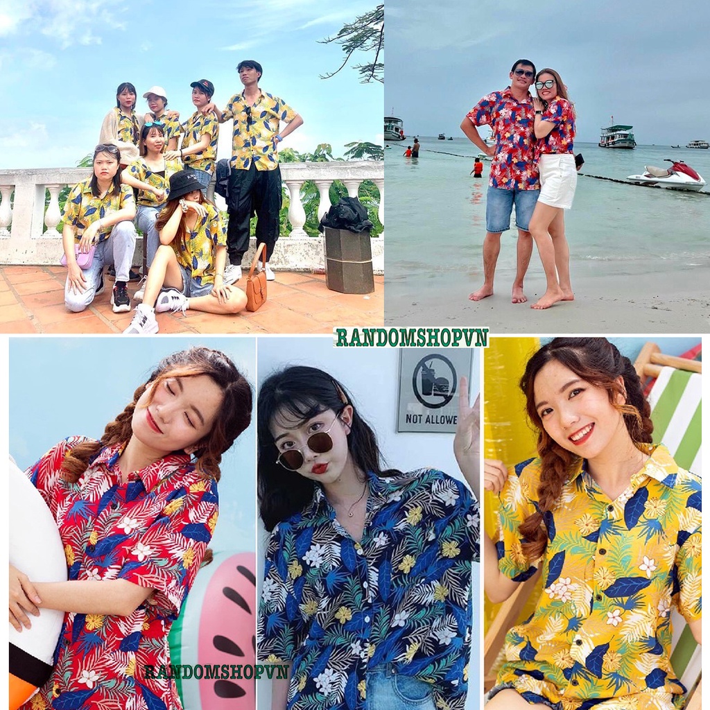 Áo Sơ Mi Đi Biển Vải Đũi Mềm Mát phong cách hawaii họa tiết hoa lá chim cò mặc nhóm đồng phục đi biển áo lớp sơ mi
