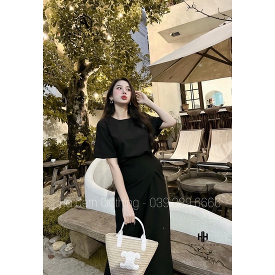 Set váy nữ dáng dài gồm áo cotton cơ bản mix chân váy quấn vạt