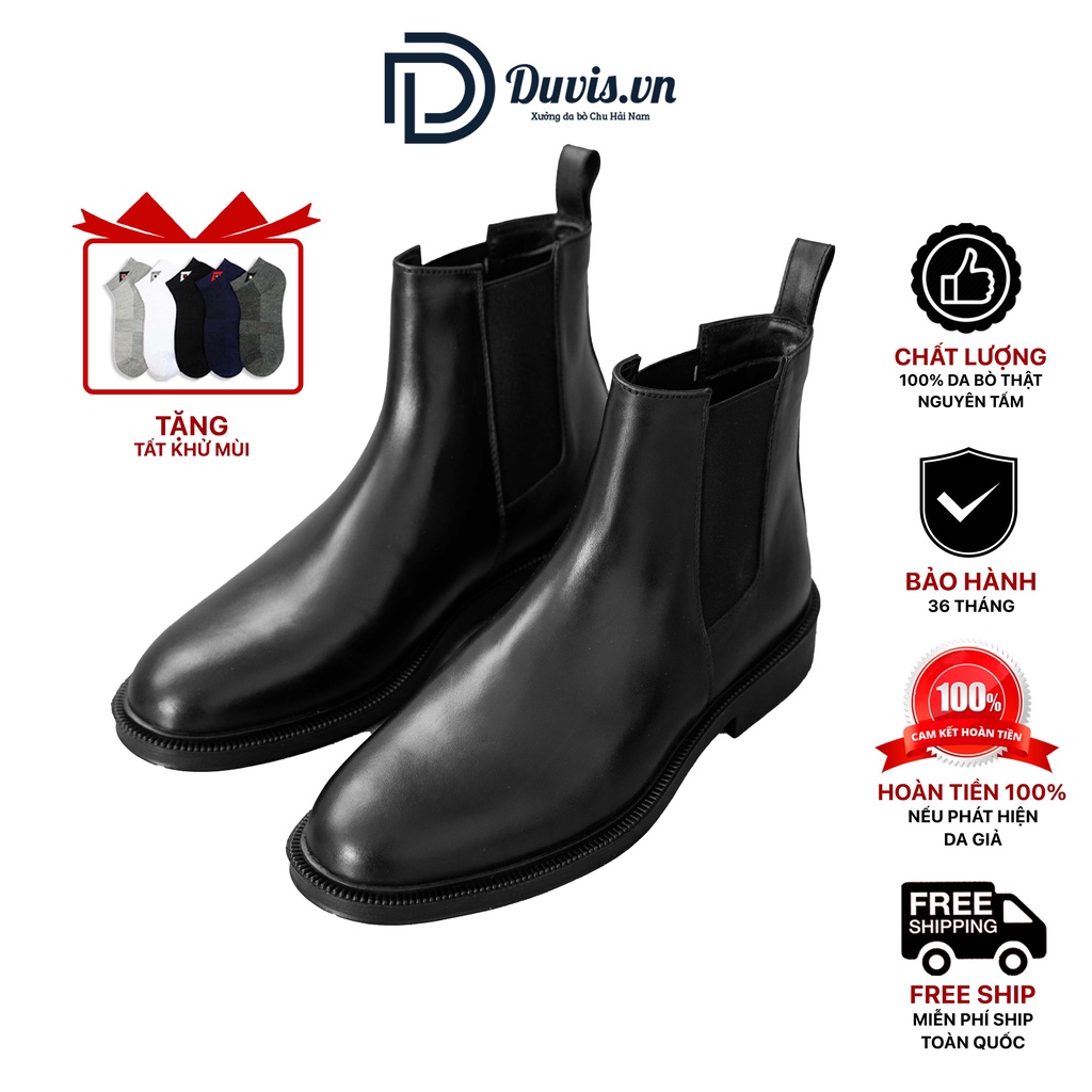 Giày nam cổ cao, da bò nhập khẩu Duvis Chelseaboot 02 màu đen.