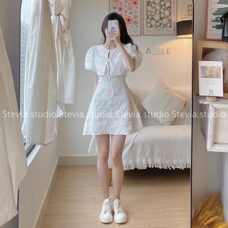 Stevia.studio - Set váy gấm trắng 2 món - 3 size Xs, S, M