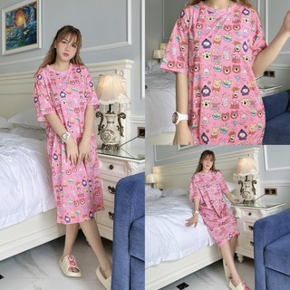 D076 - Đầm chơi biển, Đầm thun suông họa tiết GẤU NHIỀU xẻ tà