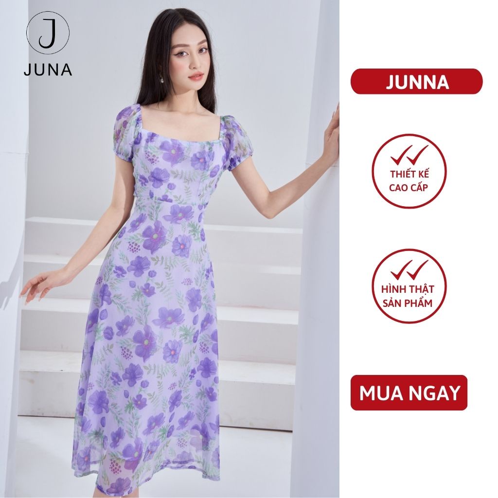 Váy hoa tiểu thư JUNA thiết kế chất liệu tơ mềm mại, lót lụa cao cấp, dường cut out lưng quyến rũ, họa tiết nhẹ nhà J001