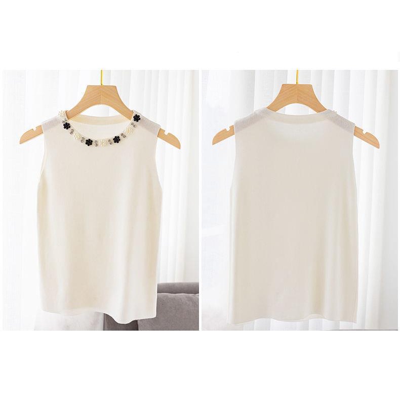 Áo sweater Không Tay Màu Trắng Đính Hạt Phong Cách Thời Trang Mới 2023