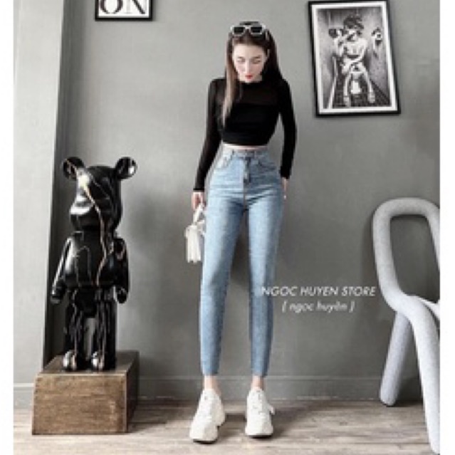 Set jeans dài co giãn trơn + áo lưới tay dài