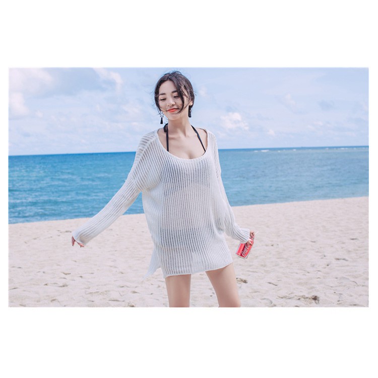 Áo lưới đi biển Korea sang chảnh trễ vai màu trắng