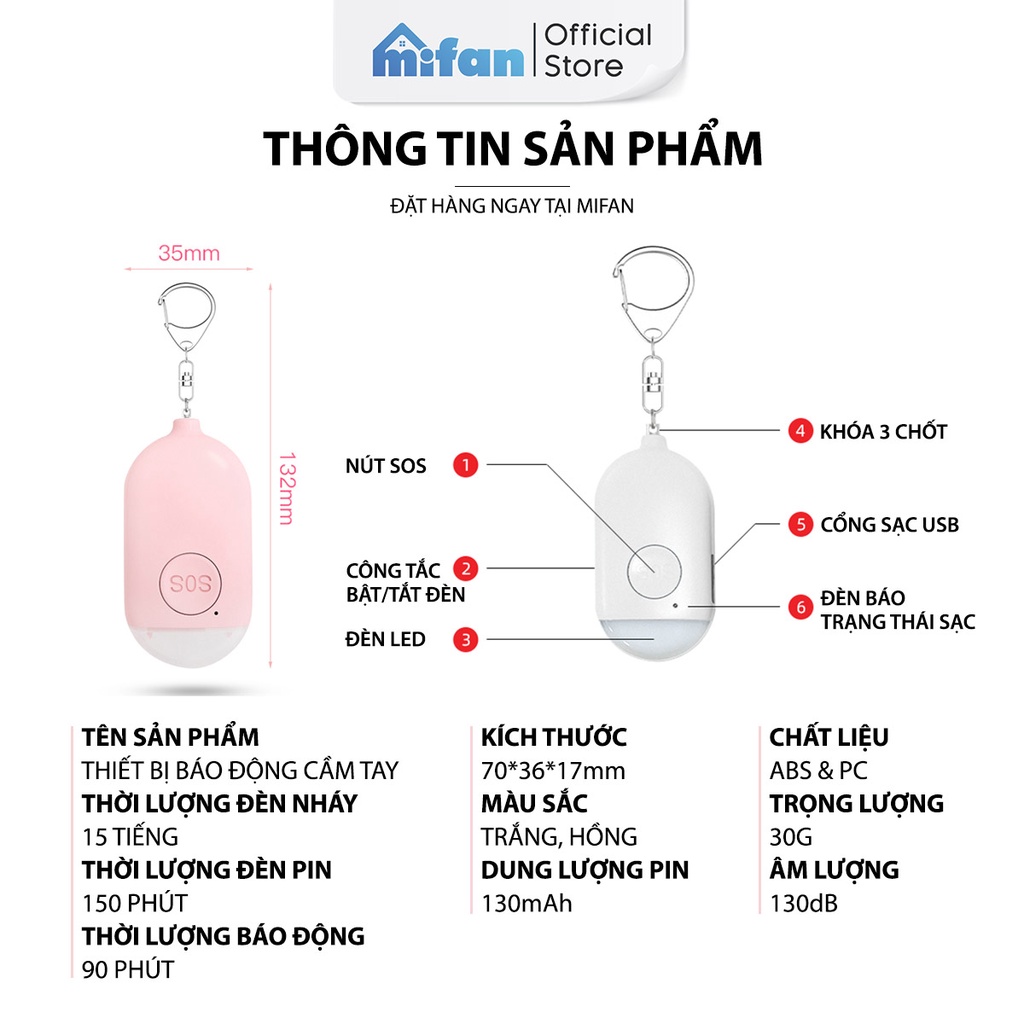 Thiết bị báo động cầm tay tích hợp đèn pin Mifan - Còi hú âm thanh lớn 130dB - Pin sạc USB - Bảo vệ an toàn cá nhân