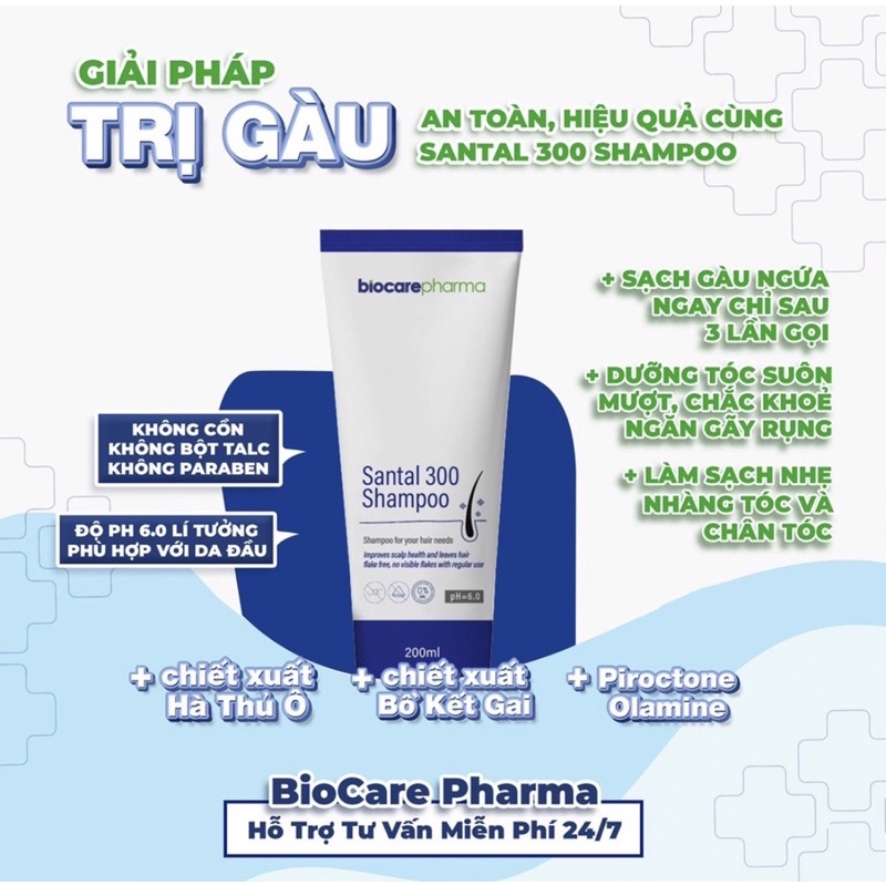 Dầu gội dược liệu BIO CARE PHARMA Santal 300 Shampoo 200ml - Giảm gàu, nấm ngứa da đầu - Dạng tuýp