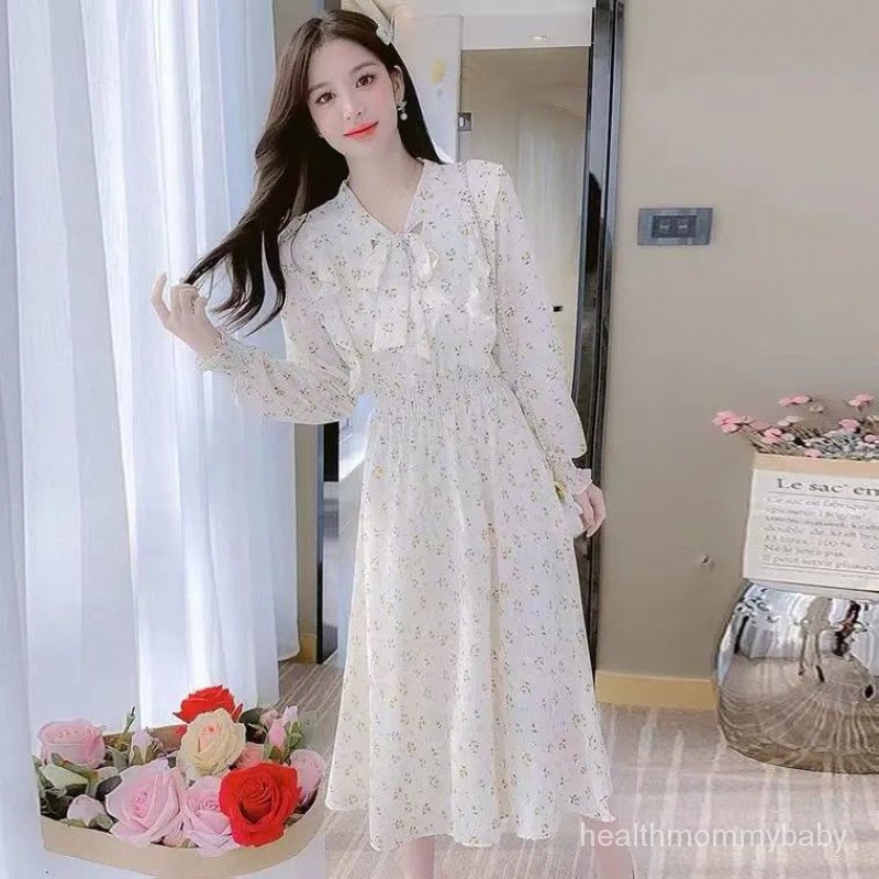 Trang Phục Cho Con Bú Đi Chơi  Hoa Váy Liền Dài Tay Mỏng  Váy Dài Thắt Nơ Mặc Bên Trong Cho Con Bú