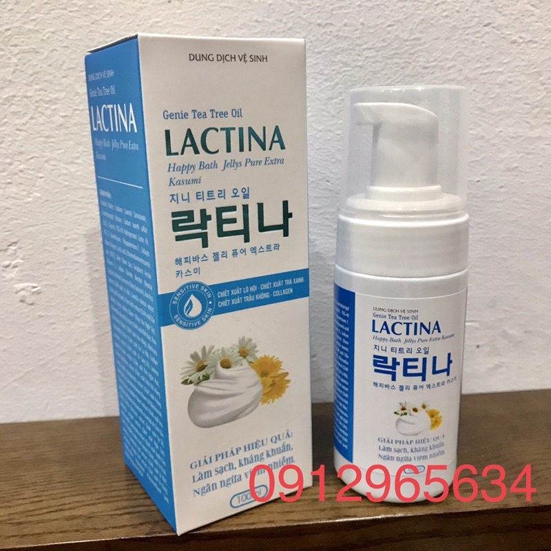 Dung dịch vệ sinh tạo bọt chiết xuất lô hội, trà xanh, trầu không, collagen Lactina giúp làm sạch, kháng khuẩn, ngừa nấm