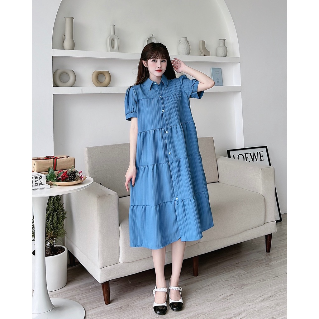 Đầm bầu thời trang mùa hè Shopdambau-MA1710 Váy bầu công sở kết hợp sau sinhThiết kế Suông Tầng