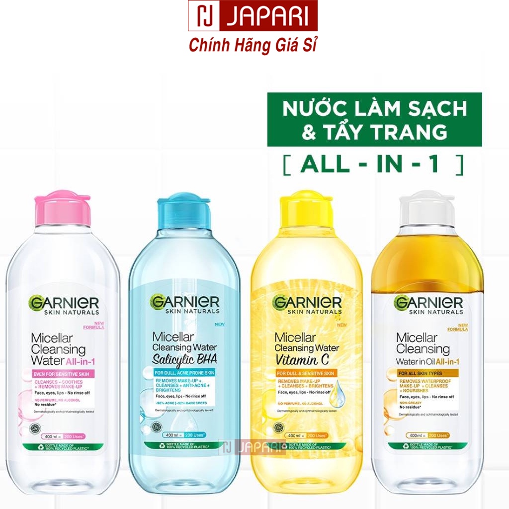 Nước Tẩy Trang Garnier Micellar Vàng Dầu /Xanh/Hồng Da Dầu Mụn,Nhạy Cảm,Khô 400ml/50ml Mini -Dầu Tẩy Trang Ganier JAPARI