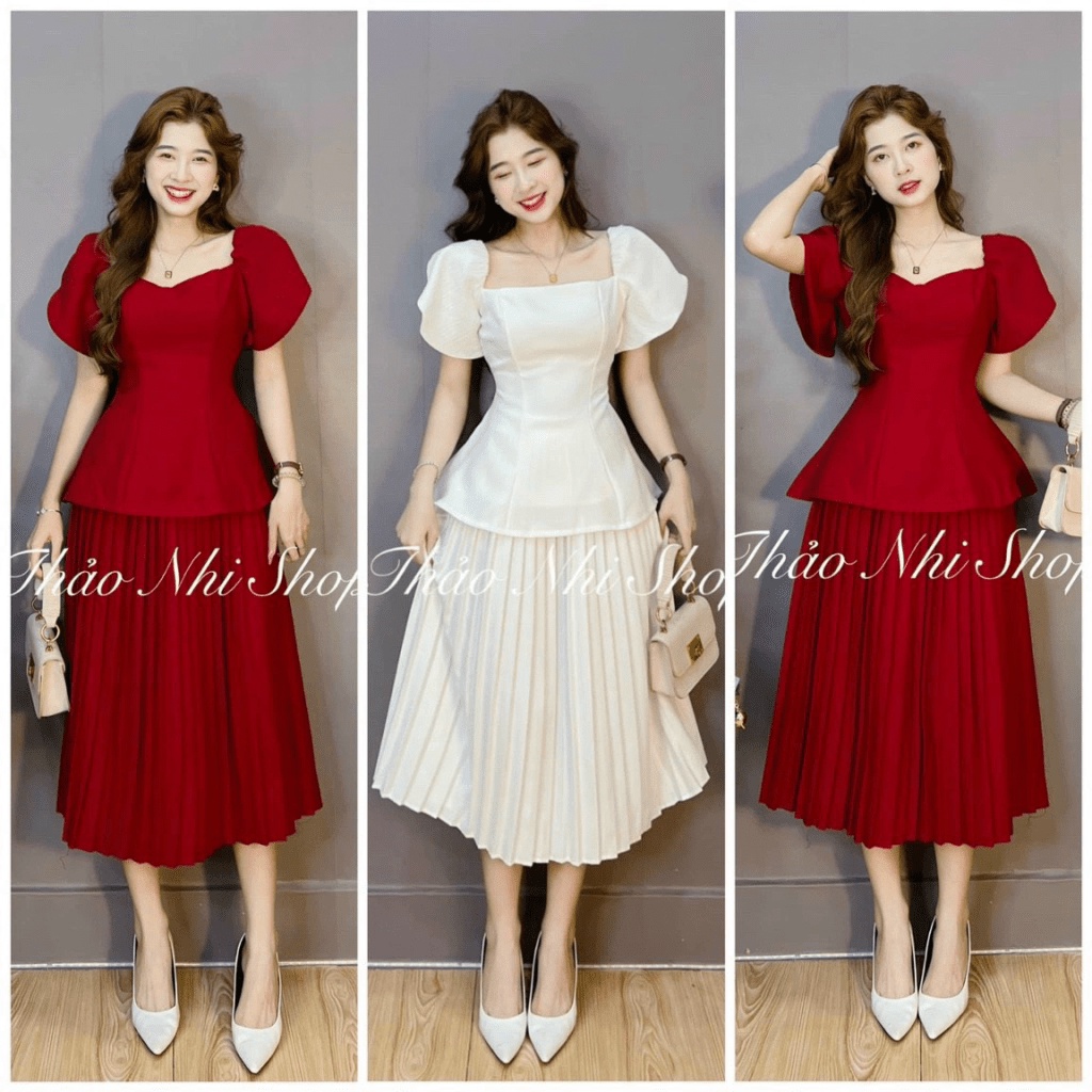 Set Bộ Nữ Đi Chơi Đầm Xếp Ly Dáng Xòe Kết Hợp Áo Tay Phồng Cổ Vuông Mặc Siêu Xinh NEW UNISEX