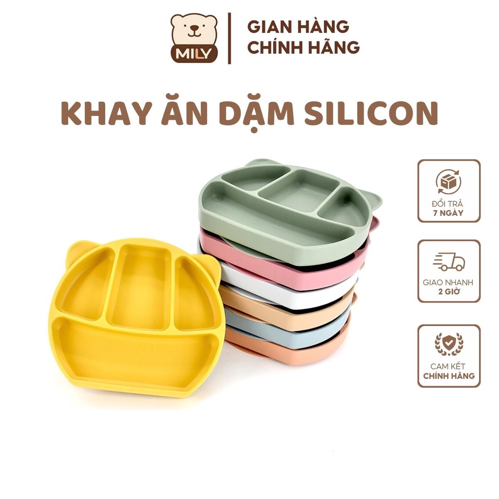 Khay ăn dặm chính hãng Mily 4 ngăn hình tai gấu có đế hít chống đổ làm từ silicon.