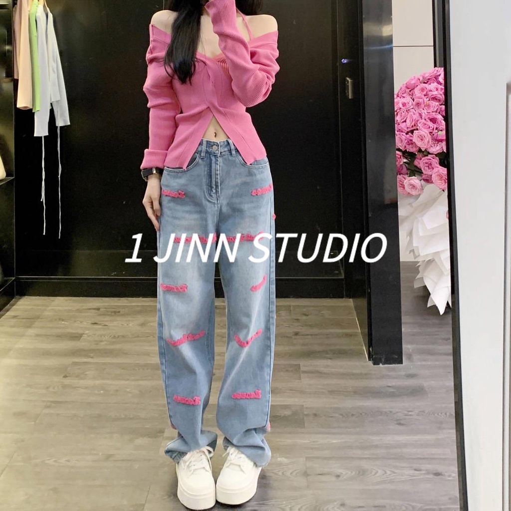 💖Quần nữ jean Quần Jeans Ống Rộng Lưng Cao Thêu Họa Tiết Thời Trang Mùa Xuân Mới 2023 Cho Nữ