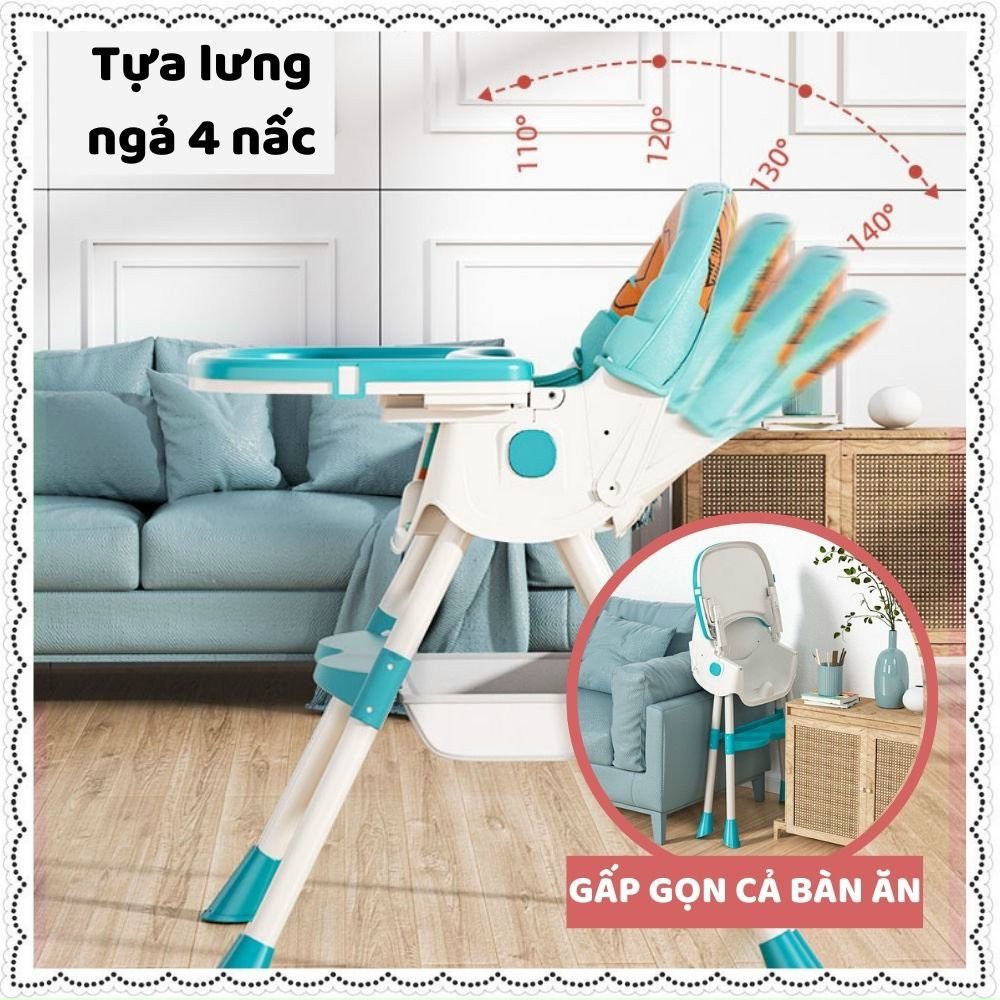 Ghế ăn dặm hoạ tiết gập gọn 6 in 1 (ngả ngửa- bập bênh- có bánh xe- nâng cao - hạ thấp)