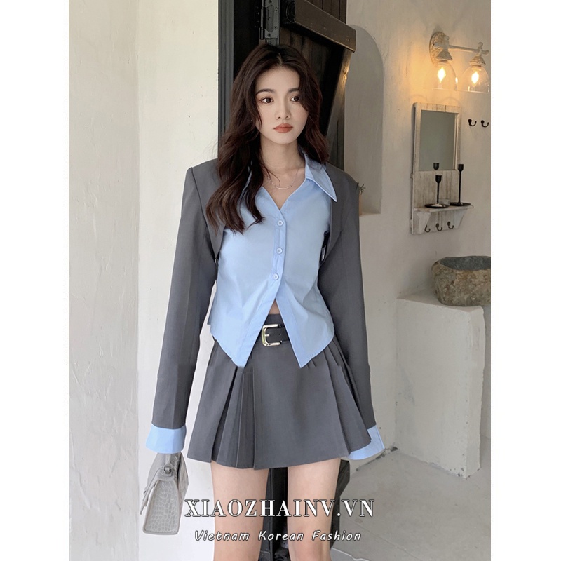Set Áo Sơ Mi Ngắn Tay + Áo Khoác + Chân Váy Ngắn Thời Trang Nữ