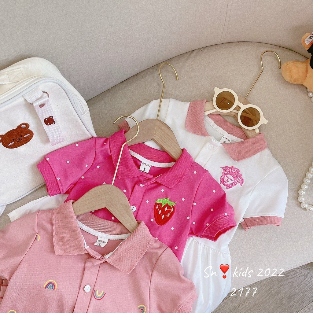 Đầm váy polo cổ trụ bé gái  thun cotton dệt thêu tay bo xinh xắn cho bé đi học, đi chơi