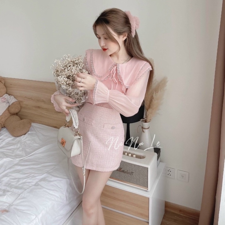 Áo sơ mi tiểu thư trắng - hồng - mới phần cổ áo 2 tầng phối ren siêu nội y xanh - chất mát - mặc dạo phố, đi biển