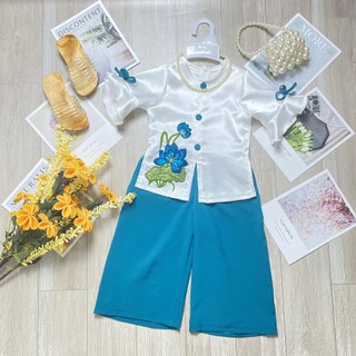 Bộ đồ bà ba mẹ và bé hoa sen nút bọc xanh lạ Angel Baby Shop Thời Trang Thiết Kế Mẹ và Bé