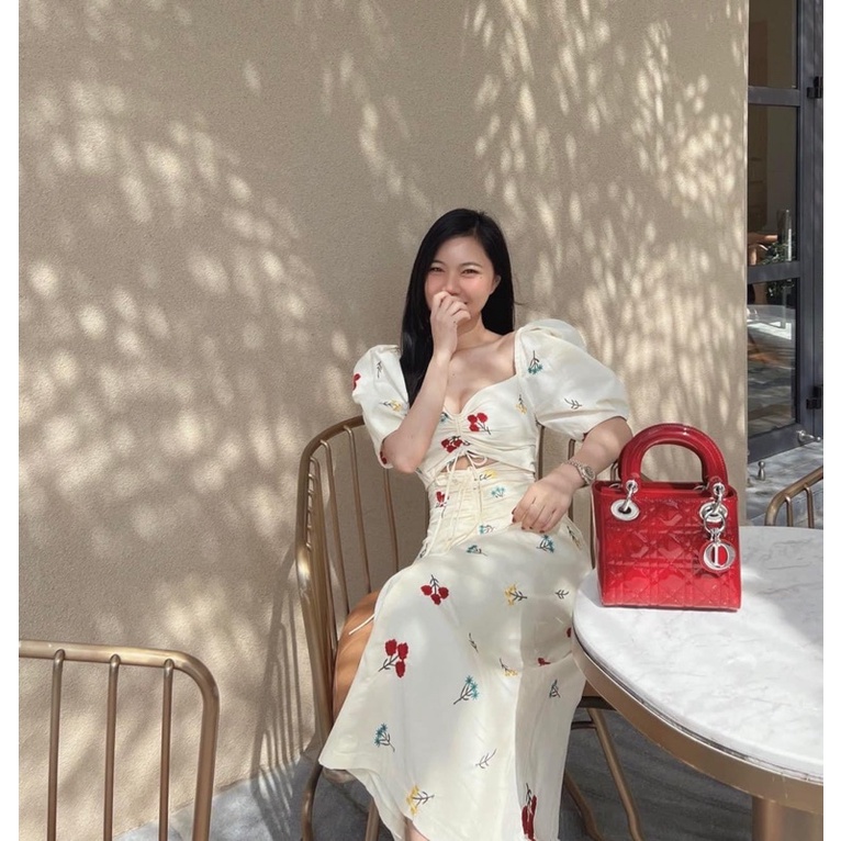 Đầm Maxi Nữ Tay Bồng Rúm Hông, Váy trắng maxi hoa Tay Bồng