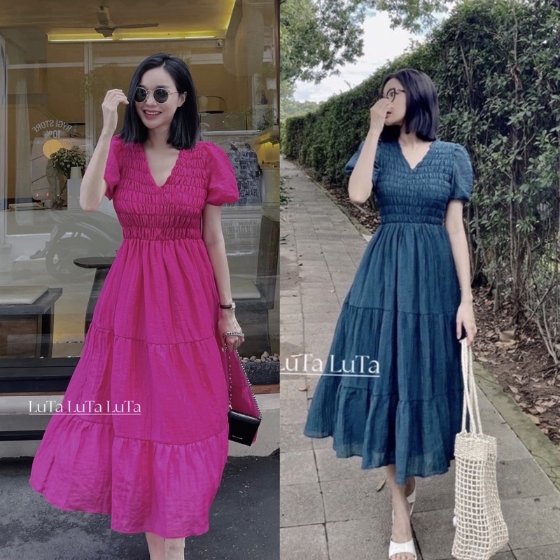 Đầm Tơ Nhún Tầng Chun Ngực Dáng Dài Mã KL