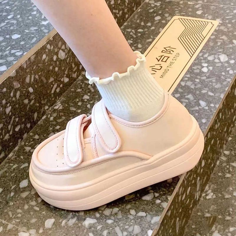 Giày trắng nhỏ, giày thể thao nữ Velcro đế dày màu hồng