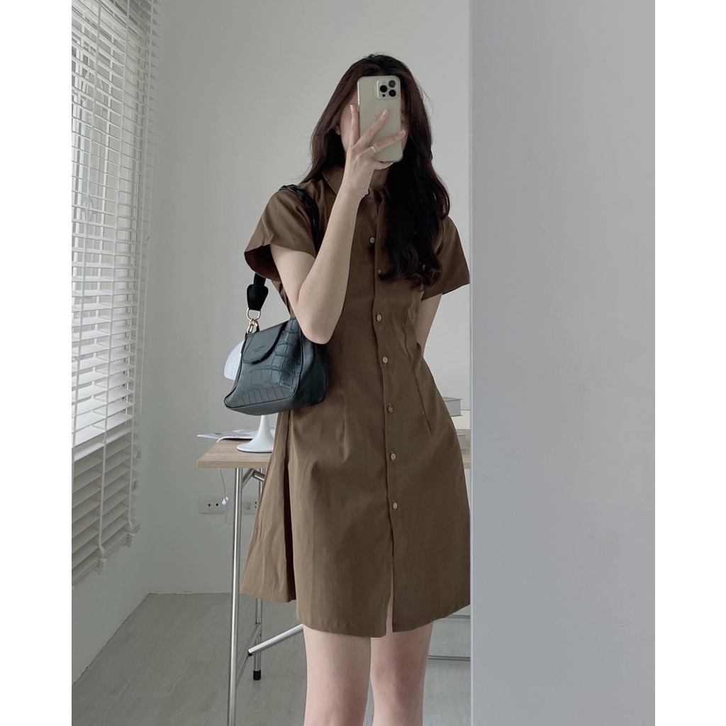 Váy sơ mi cộc tay cổ đức big size dáng dài, Đầm nữ ulzzang form rộng basic nhiều màu