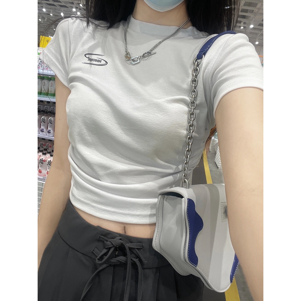 Ethelgirl Áo Croptop Tay Ngắn Cổ Tròn Thiết Kế Xếp Ly Quyến Rũ