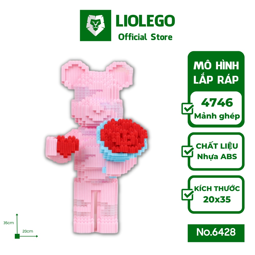 [Tặng Đèn LED] Lego Bearbrick Gấu Hồng Ôm Hoa 35cm Xinz 6428 - LioLego