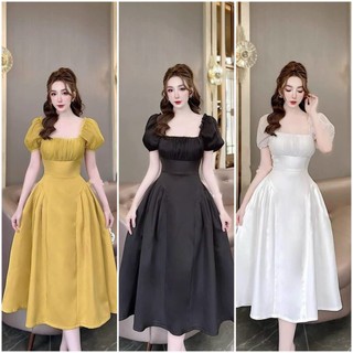 Đầm xoè dạ hội xếp ly ngực tay phồng cổ vuông sang trọng ( có mút )