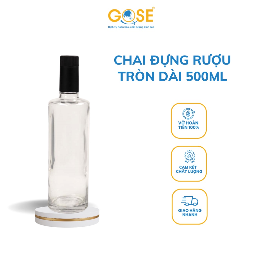 Chai thủy tinh đựng rượu 500ml GOSE dáng tròn dài kiểu vodka đế dày