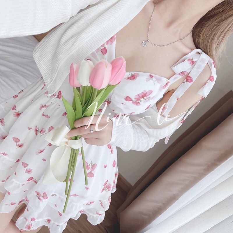 Váy 2 dây - Váy hoa nhí 2 tầng kèm áo cadigan, Có mút ngực, Chất vải lụa cao cấp, Thích đi biển dạo phố