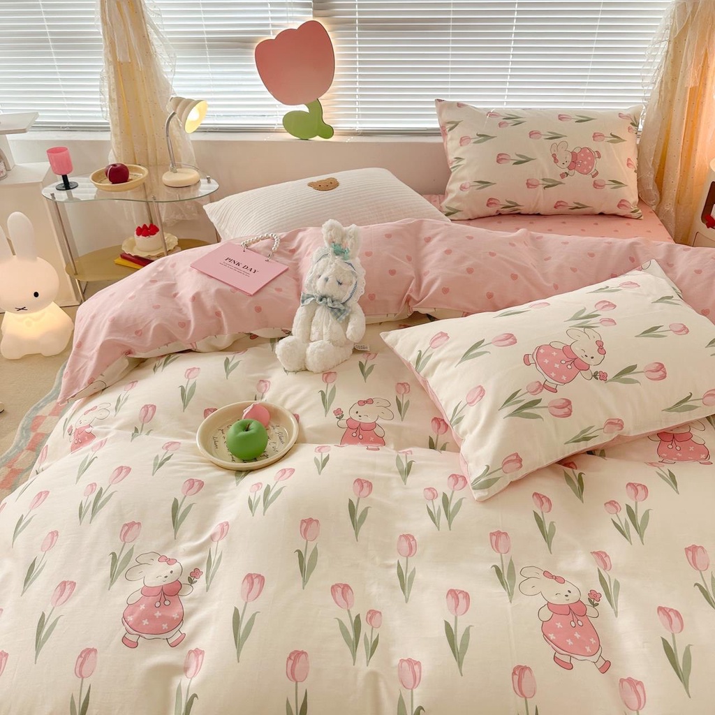 Chăn Ga Gối Cotton Living " TUY LÍP HỒNG " - Bộ Chăn Ga Gối Cotton 100% Nhập Khẩu 4 món