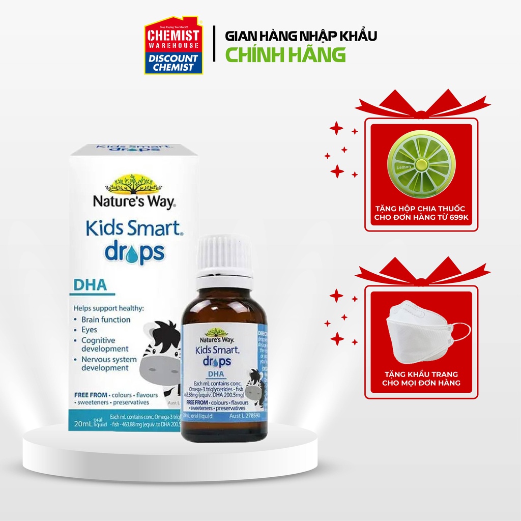 Siro bổ sung DHA cho bé Nature's Way Kids Smart Drops DHA 20ml của Úc hỗ trợ phát triển trí não