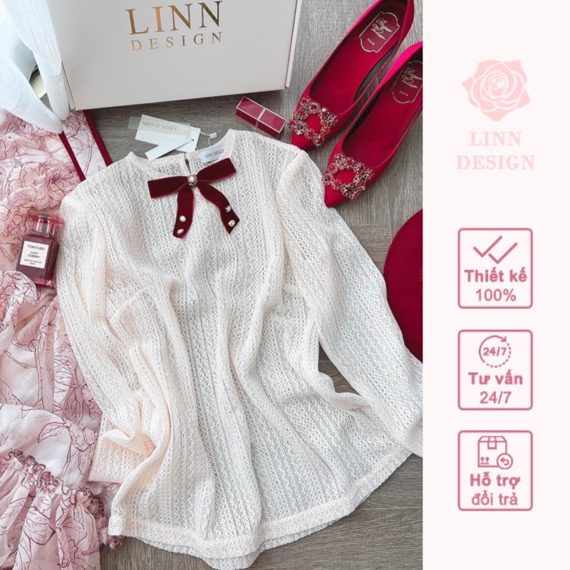 Set áo ren cổ nơ, chân váy tơ in hoa Moli by Linn Design