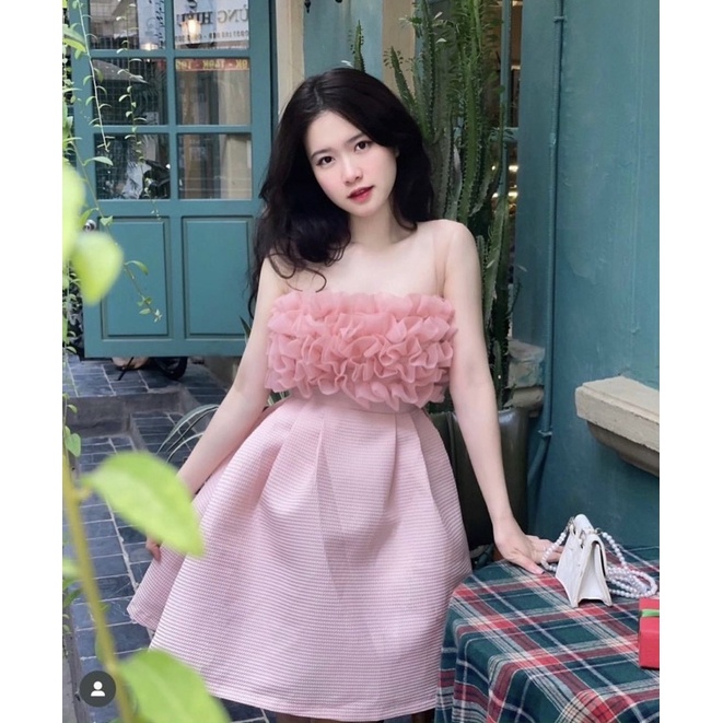 Đầm cúp ngực nhún bèo dáng xoè chất voan ánh kim phối xốp đầm thiết kế phong cách tiểu thư