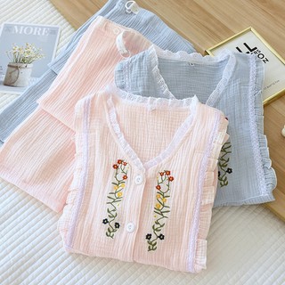 Bộ Pijama mặc bầu và sau sinh xô nhật cao cấp - mẫu cổ ren thêu hoa 2023