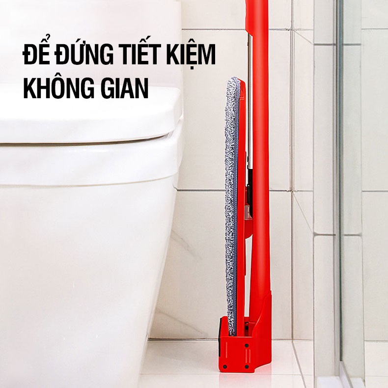 Cây lau nhà tự vắt Kitimop-Red bàn lau lớn 38cm, con lăn trợ lực, thanh thép không gỉ, khớp xoay 360 độ, 2 bông lau