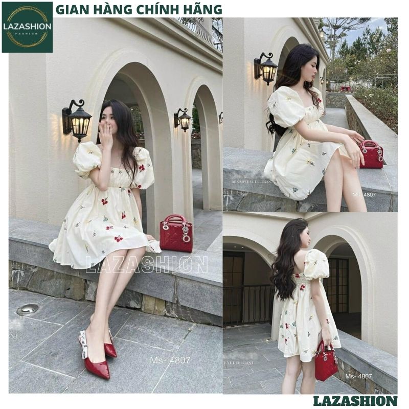 Váy babydoll cổ vuông tay bồng họa tiết cherry, Đầm suông bánh bèo thời trang Hàn Quốc cho phái đẹp siêu xinh - LAZA