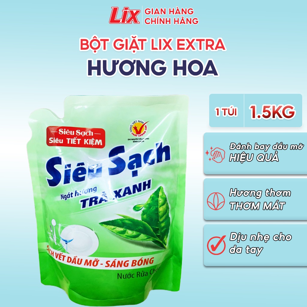 Nước rửa chén LIX 1.5KG siêu sạch hương trà xanh loại túi N8102 làm sạch vết bẩn dầu mỡ không hại da tay