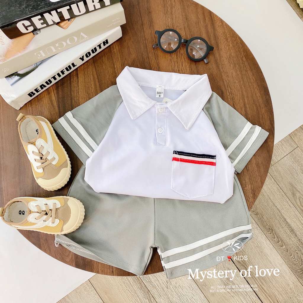 Bộ Cộc Tay Bé Trai, Bộ Polo Phối Kẻ Có Cà Vạt Xịn Sò Cho Bé Trai Từ 8 - 25kg