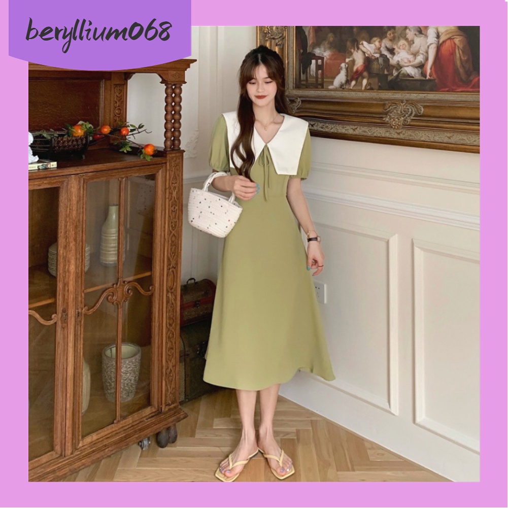 váy liền phong cách Pháp Retro Thanh Lịch Cổ Chữ V Cao Cấp Mùa Hè Trang Phục Thường Ngày Đi Học màu Xanh - Beryllium068