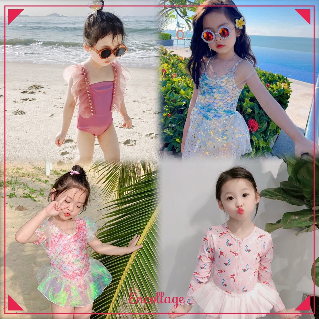 (Hàng QCCC-siêu hot 2023) Bộ bơi bikini bé gái 10-30kg họa tiết tiên cá, ngọc trai cực điệu đà, đáng yêu